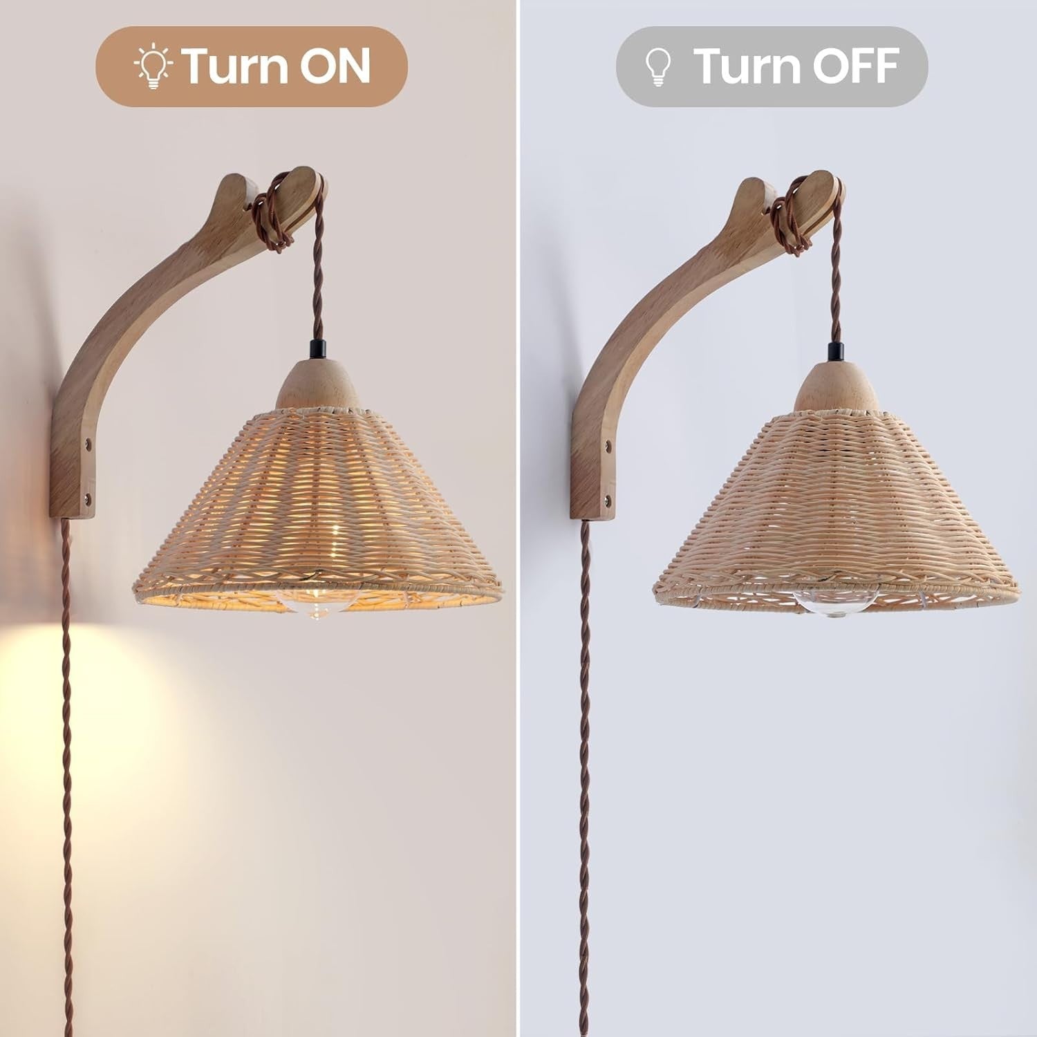 Boho Wall Light Plug In Rattan Sconce with Cord, Adjustable Farmhouse Lamp