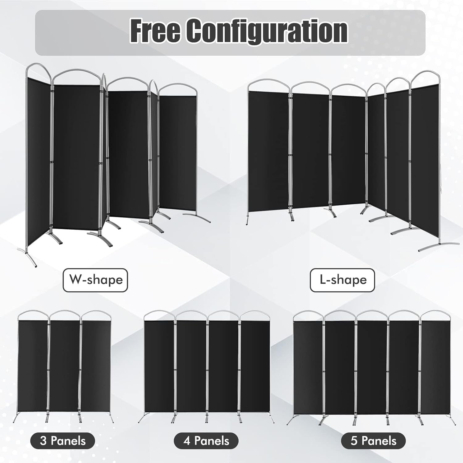 6 Panel Black Folding Room Divider Privacy Screen for Bedroom Office 188cm High