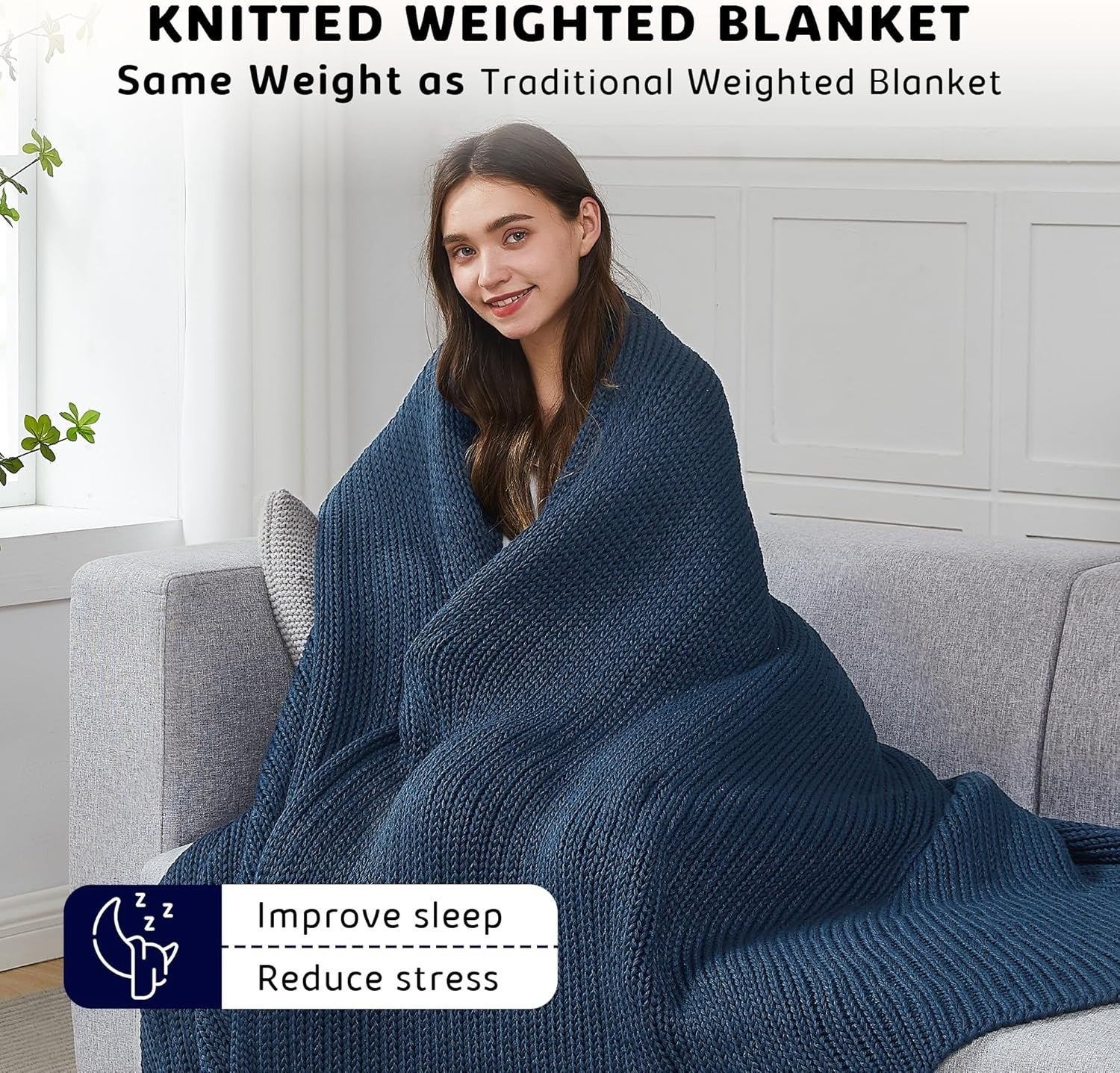 Knitted Weighted Blanket 7lbs 50x60 Navy Blue Cooling Heavy Throw