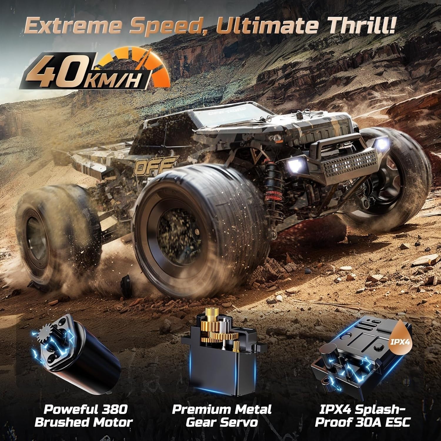 1:16 4WD RC Monster Truck – 40KM/H All-Terrain Fast Car, Dual Battery