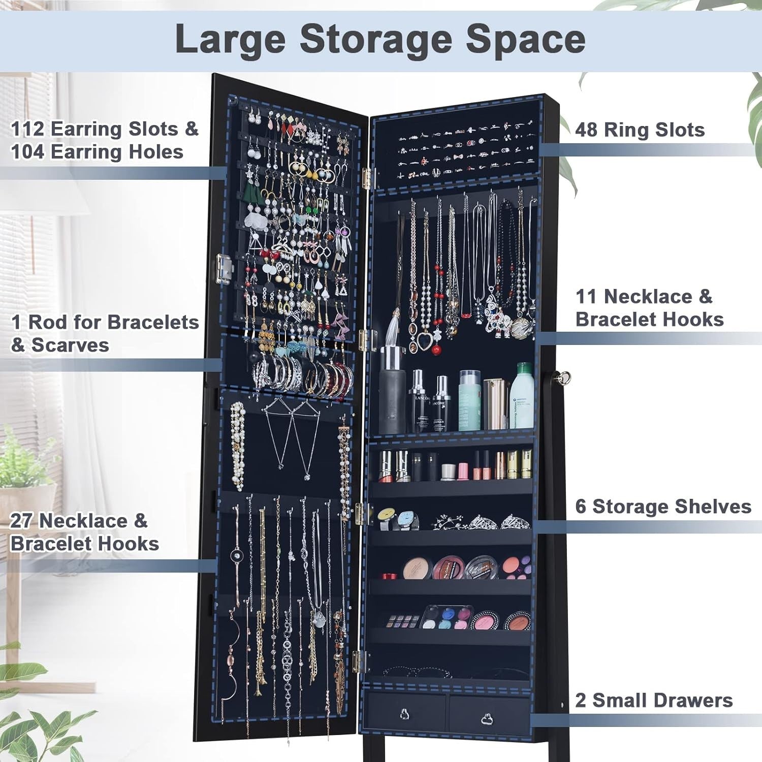 Lockable Standing Jewelry Armoire Mirror Adjustable Angle Storage Cabinet Black