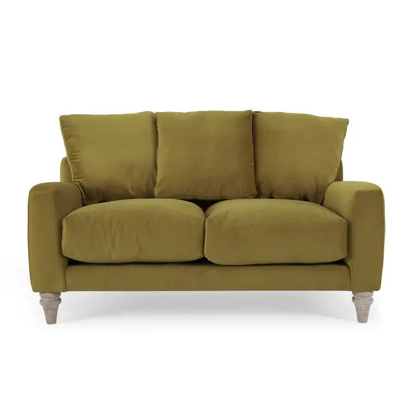 Olive Green Velvet 2 Seater Sofa Deep Scatter Cushions Feather-Filled Seat