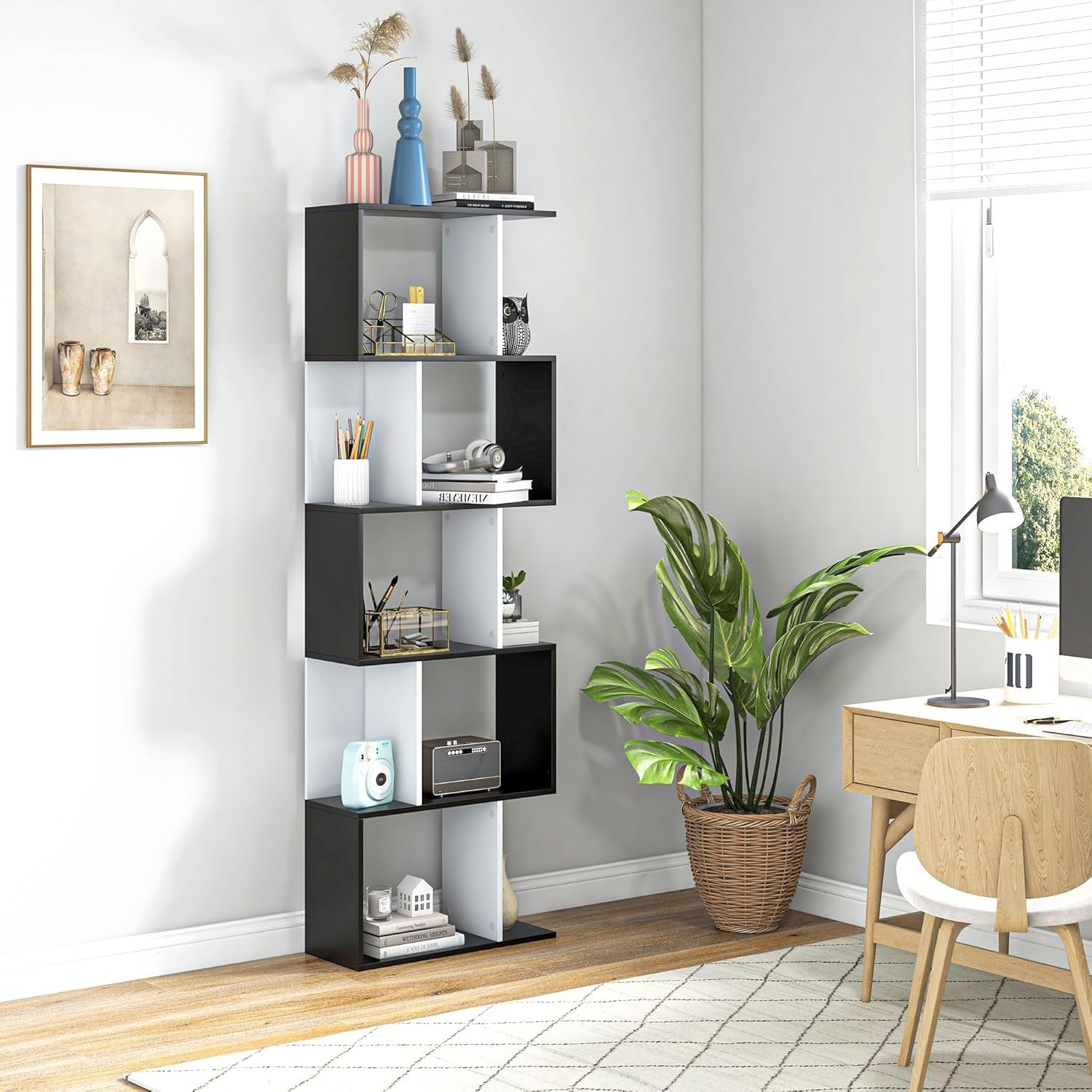 Modern 5-Tier S-Shape Display Bookcase – Freestanding Storage Shelf Black