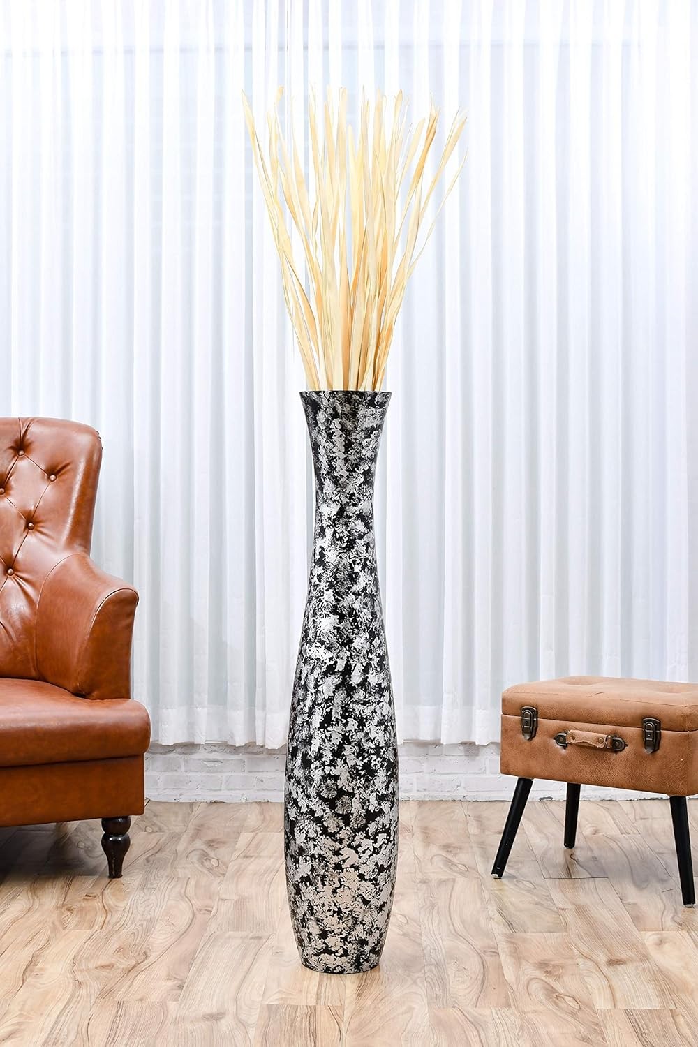 Tall Silver Black Floor Vase 105cm Wooden Decor for Pampas Grass Display
