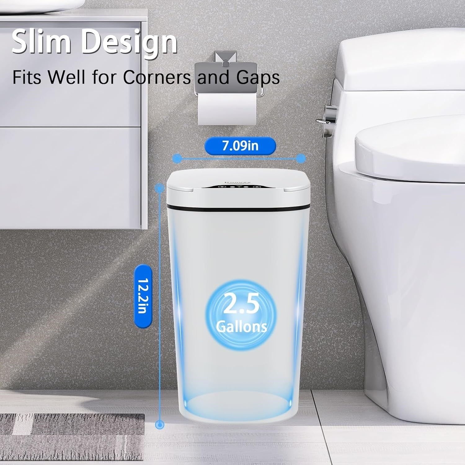 2 Pack 10L Touchless Bathroom Sensor Bins Slim Waterproof White