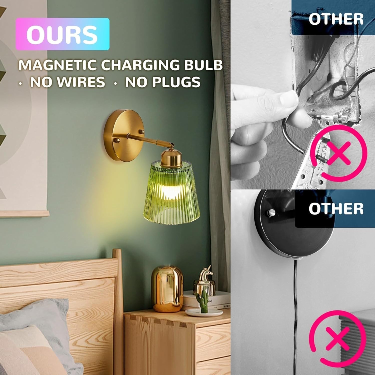 Rechargeable Green Glass Wall Sconce, Wireless LED, Remote Control