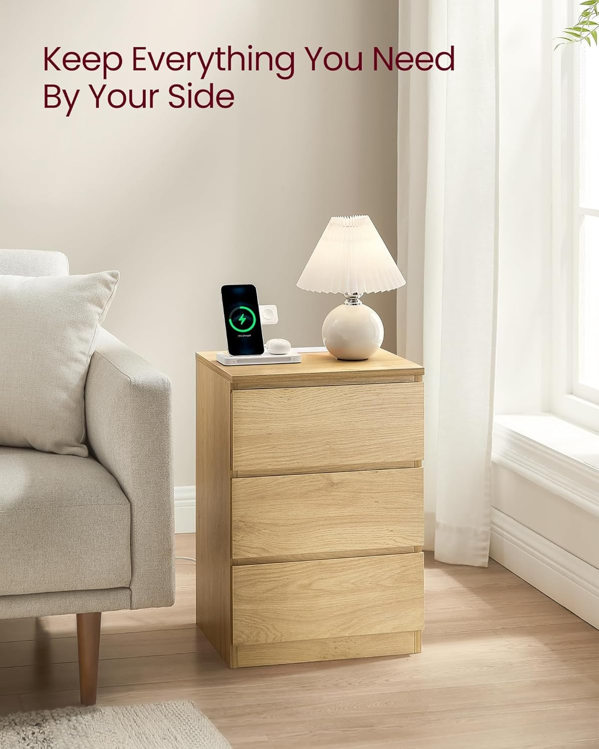 Oak Bedside Table with Charging Station, 3 Drawers, USB & AC Ports, Modern