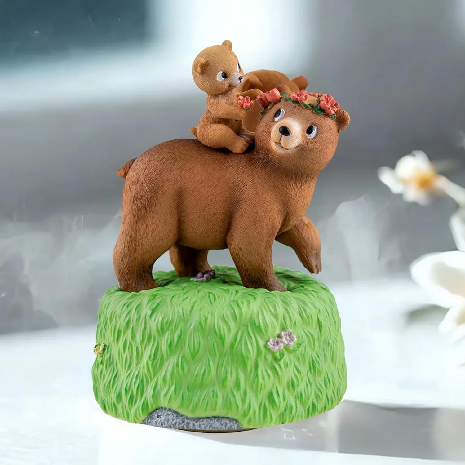 Mother & Daughter Bear Music Box Hand-Painted Vintage Figurine