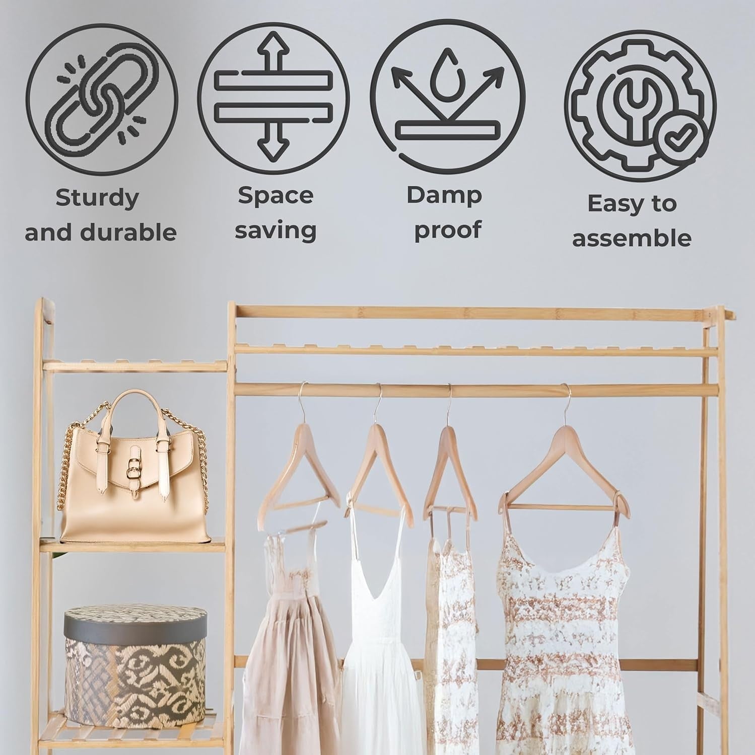 Natural Bamboo Clothes Rack with Shelves & Side Hooks – Wood