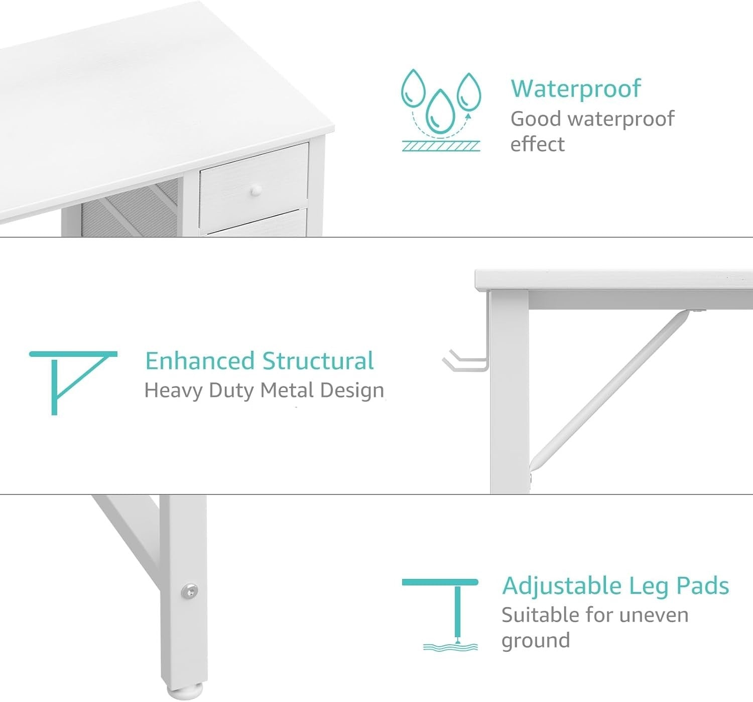 Modern White Office Desk w/Fabric Drawers Metal Frame Computer Table