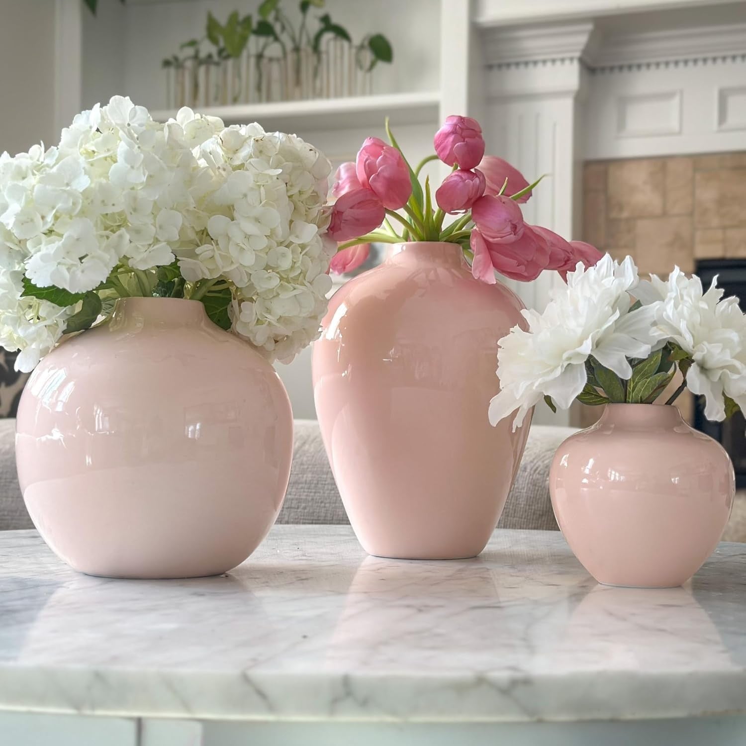 Small Pink Ceramic Vase 13cm Glossy Round Flower Table Centrepiece