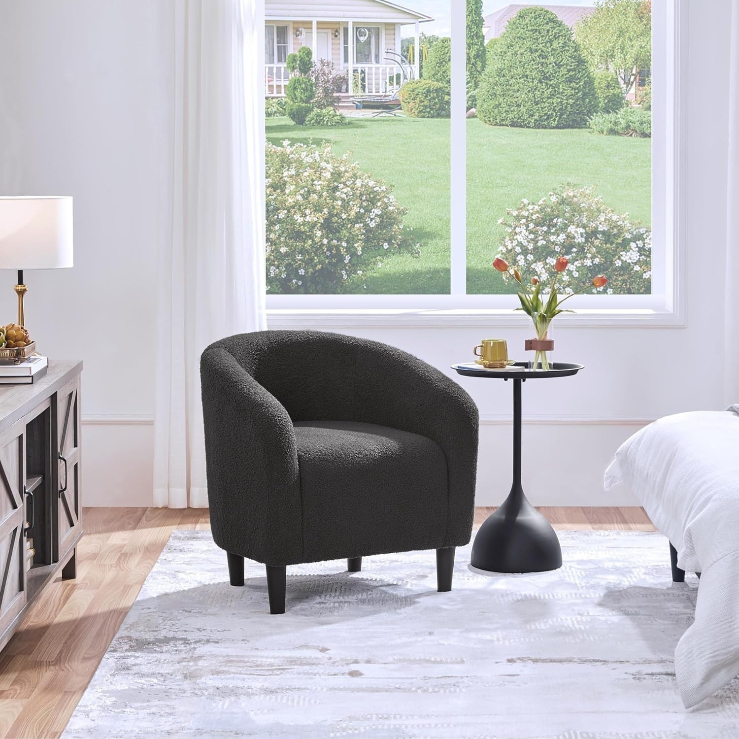 Dark Grey Boucle Tub Chair | Compact Accent Armchair for Living & Office