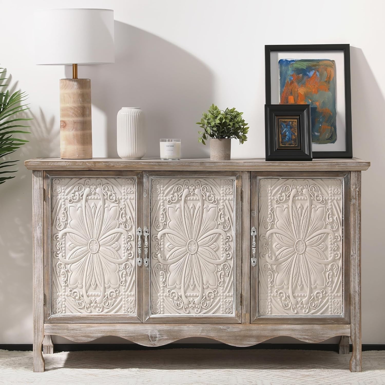 French Country Buffet Cabinet with 3 Doors Large Storage Grey Style Wood