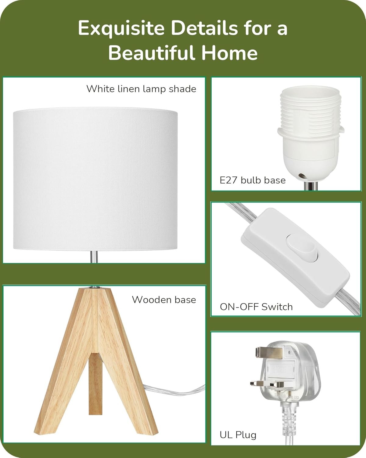Wood Tripod Table Lamp Bedside Desk Light Linen Shade Reading Bedroom Office