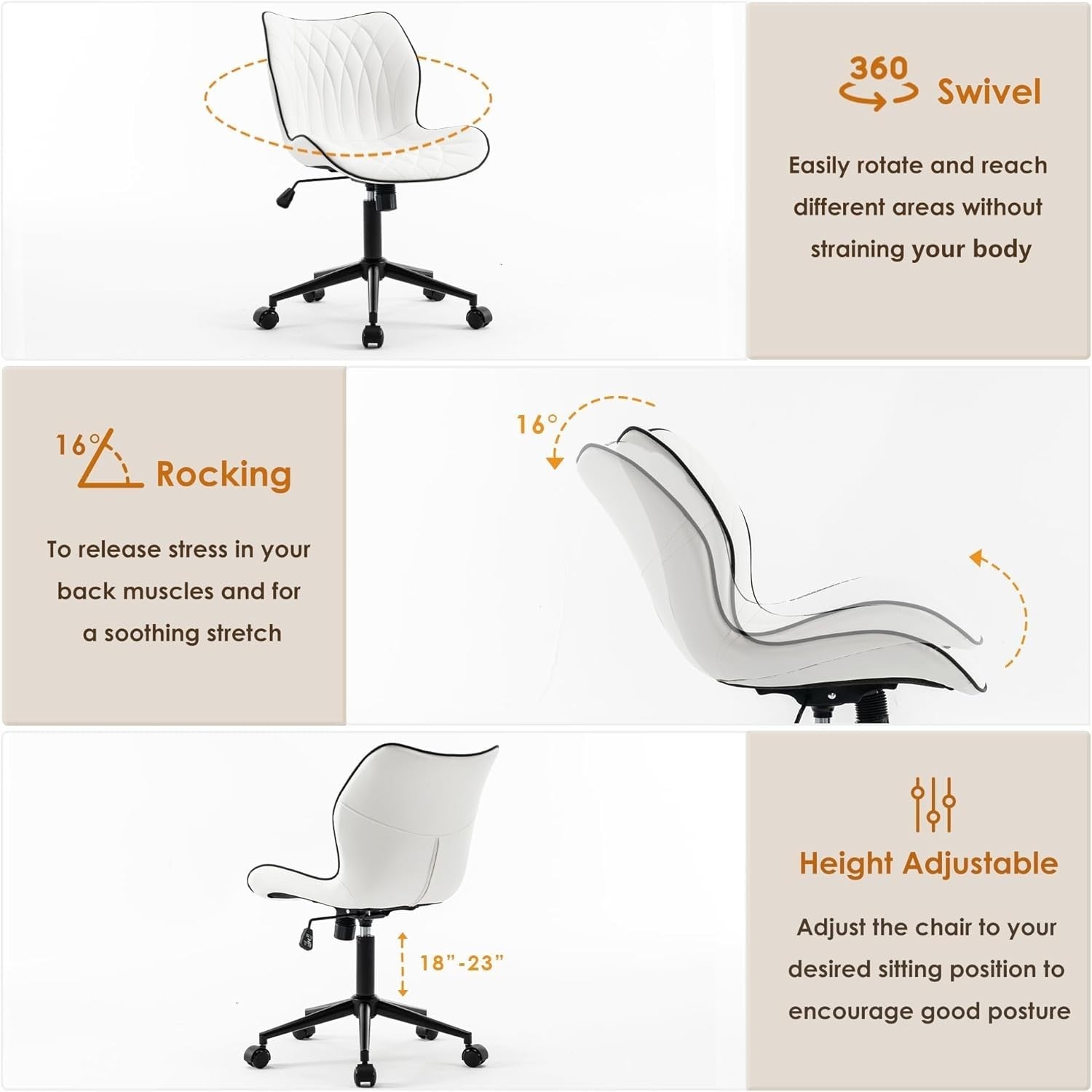 White Faux Leather Swivel Desk Chair Ergonomic Home Office Vanity Rocking Armles