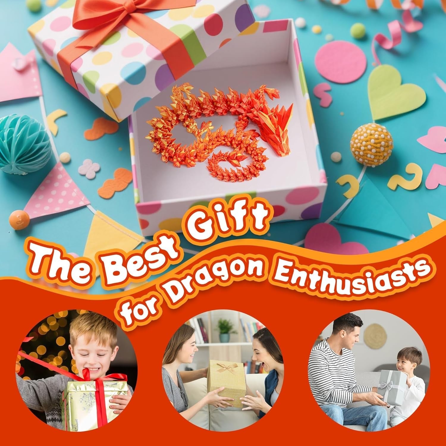 24in Red & Gold Pearly Articulated 3D Printed Dragon Fantasy Fidget Figure