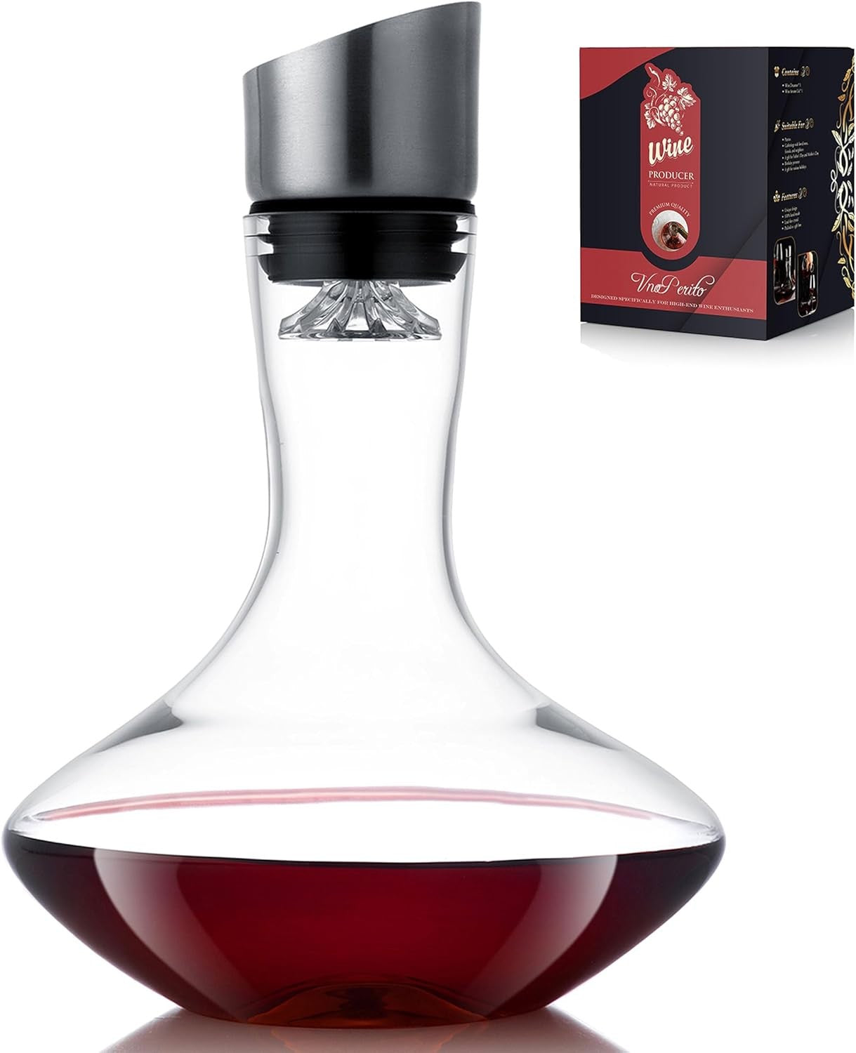 750ml Crystal Wine Decanter with Built-In Aerator Stainless Steel Lid Gift Set