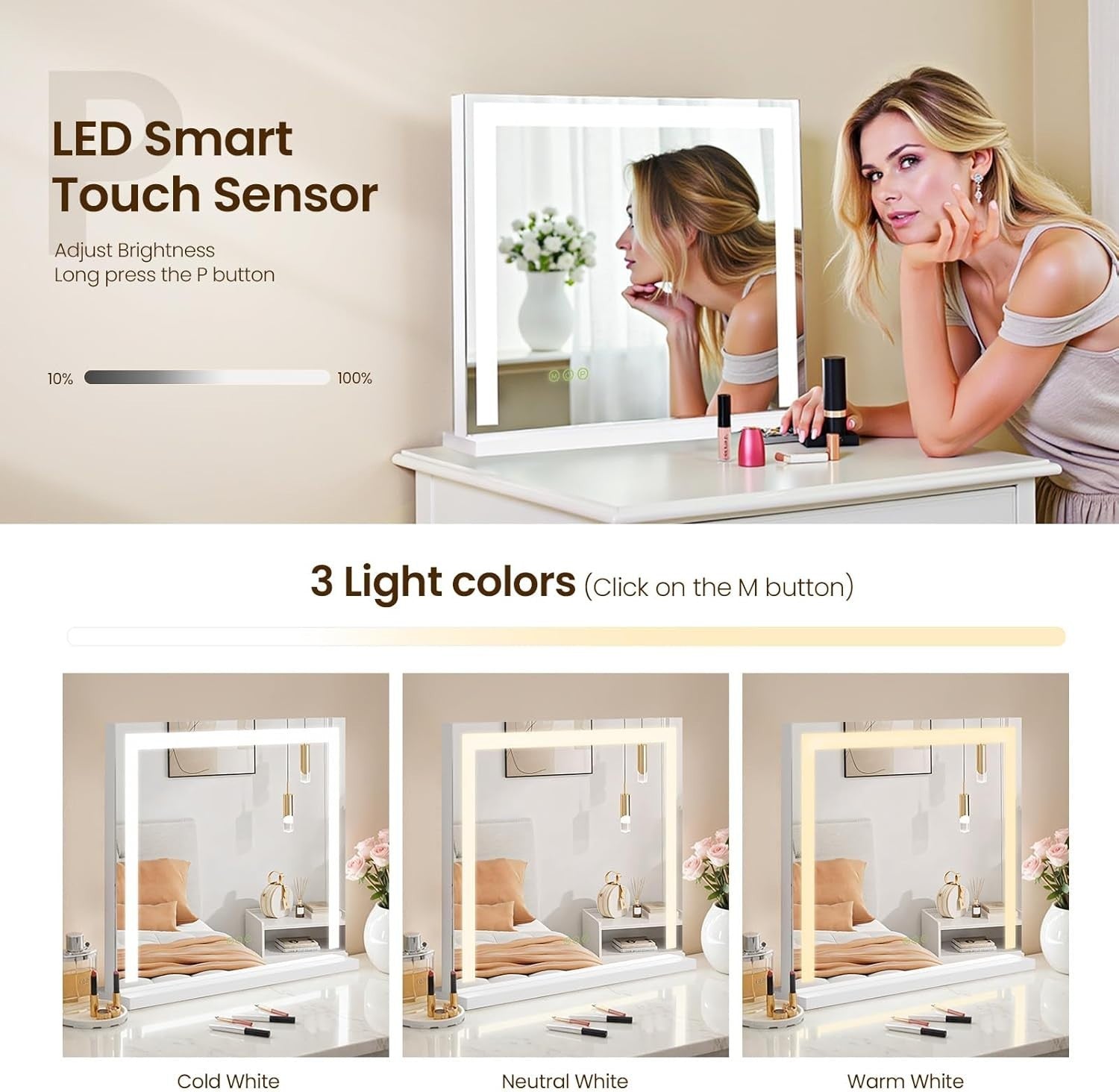 Touch Screen Vanity Mirror 60cm LED Lights 3 Color Dimmable Makeup Mirror