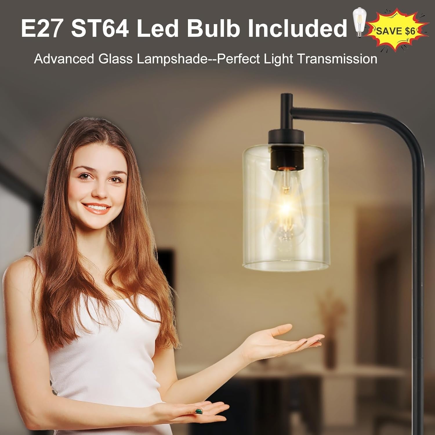 Tall Floor Lamp Industrial Black Seeded Glass E27 LED Modern Corner Light