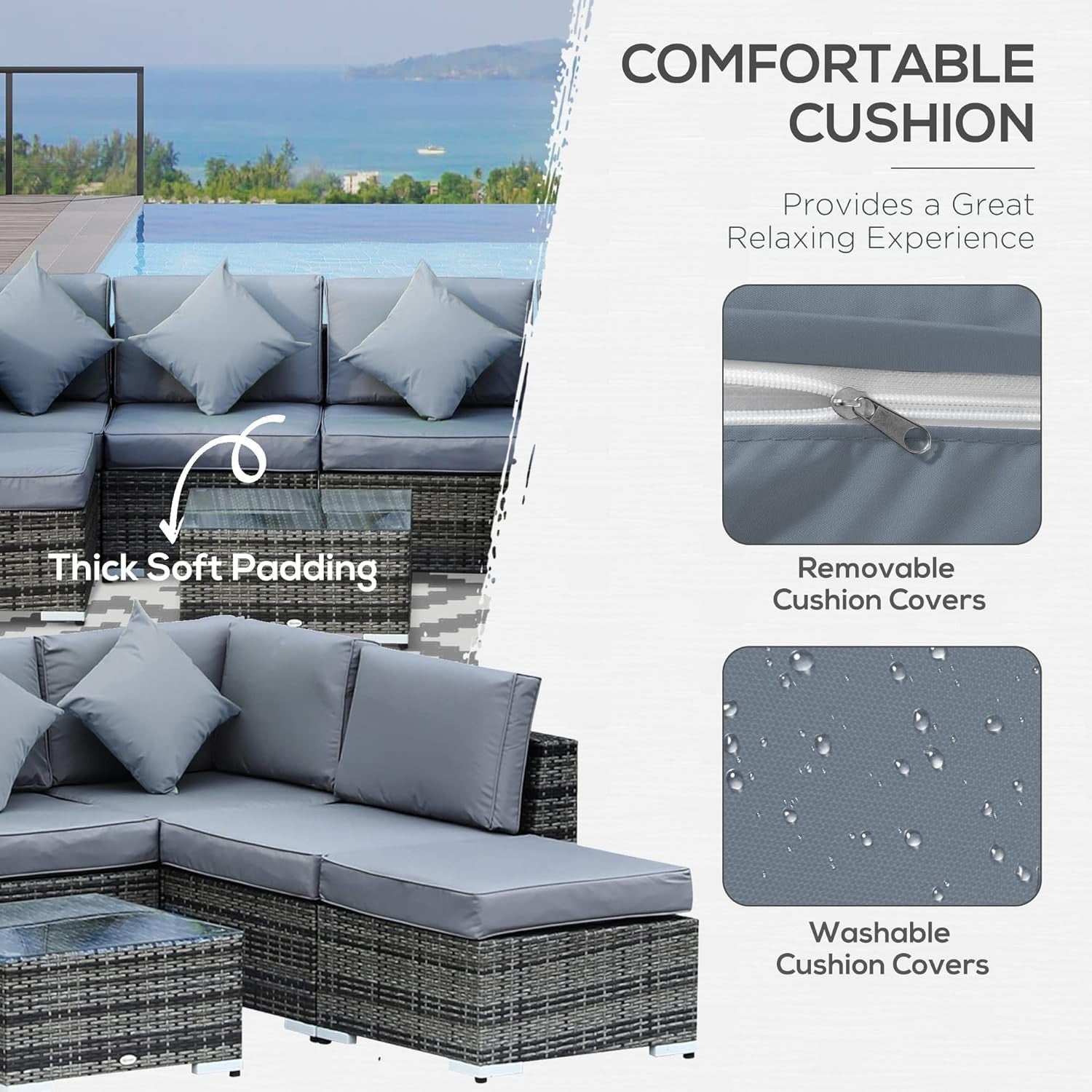 8 Seat Grey Rattan Garden Sofa Set with Cushions & Glass Table Outdoor
