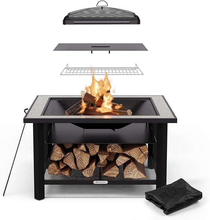 3-in-1 Fire Pit BBQ Table Outdoor Heater Grill Durable Steel & Terrazzo