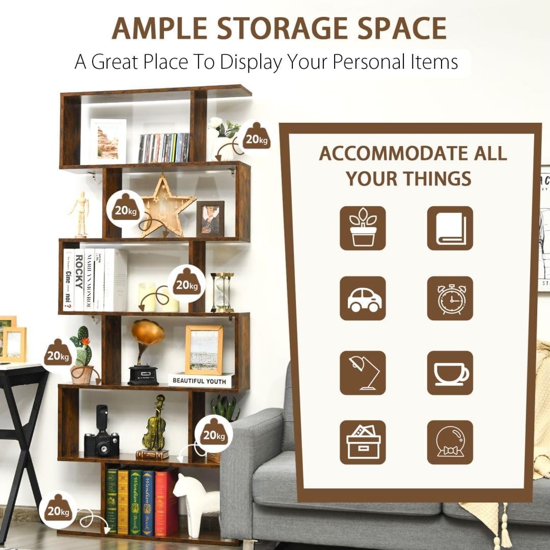 S-Shaped 6 Tier Bookcase Tall Freestanding Storage Shelving Unit 80x23x192cm