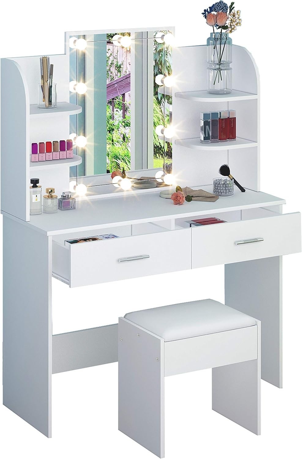 Vanity Dressing Table with Lights Mirror Stool Drawers Storage Makeup Desk