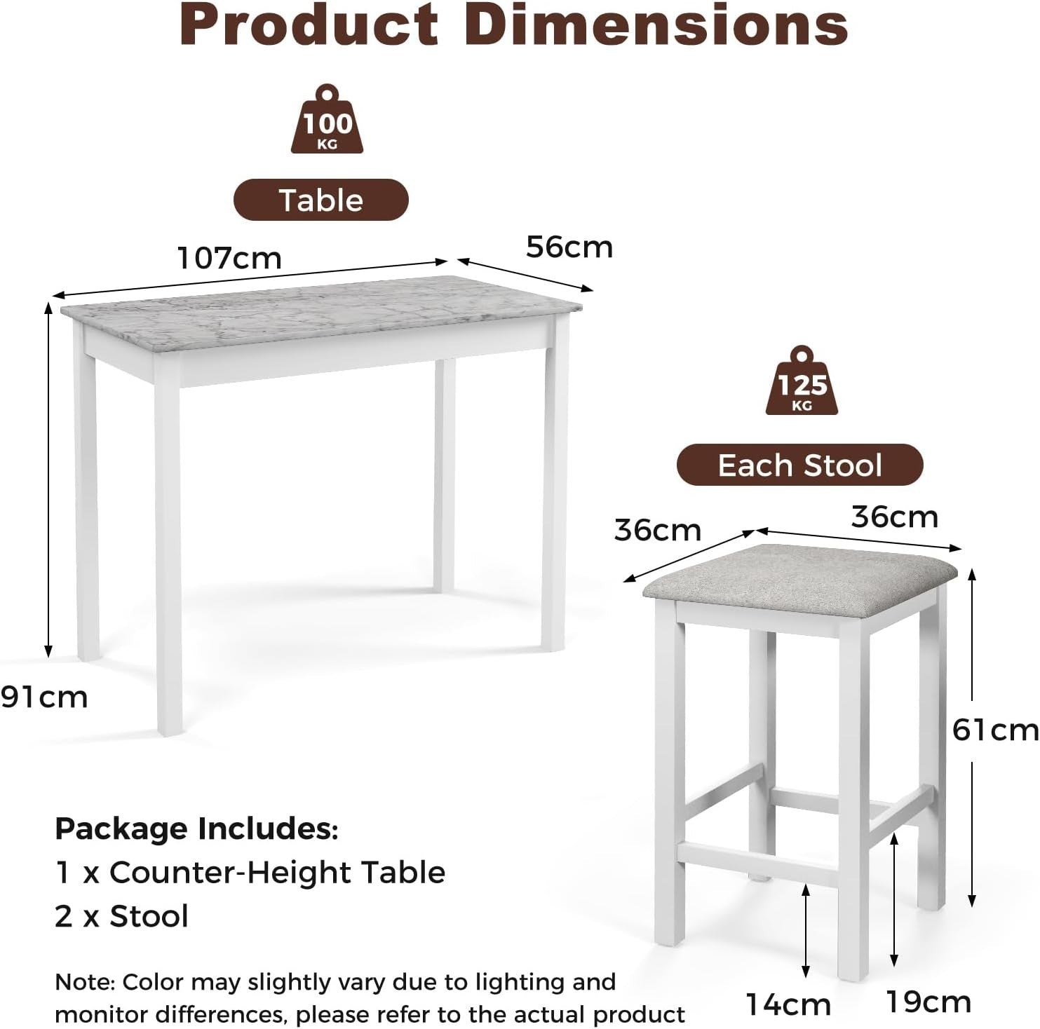 3PCS Dining Table Set Bar Table Faux Marble Top with 2 Padded Stools White Grey