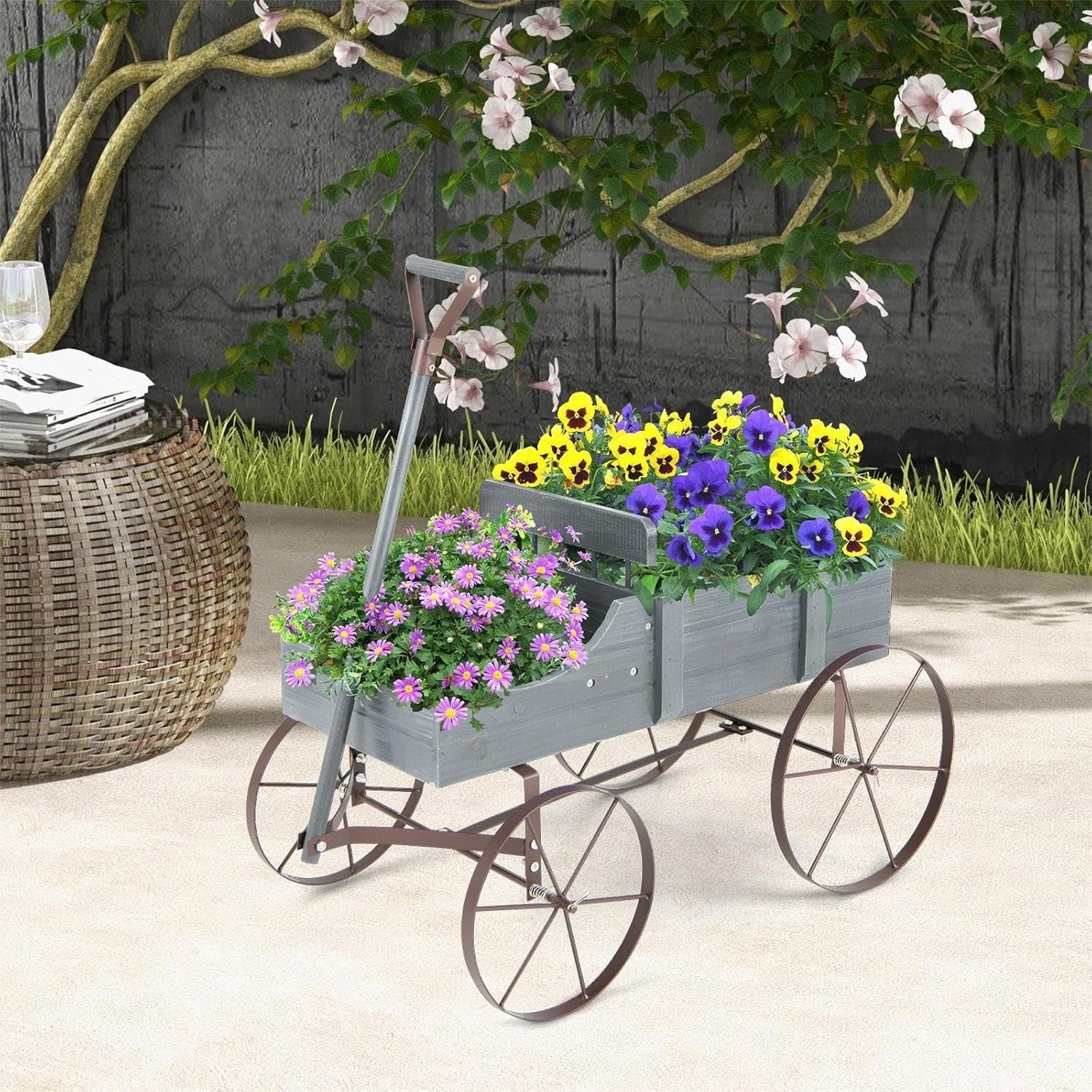 Grey Wooden Garden Wagon Planter Decorative Flower Cart w/ Handle & Wheels