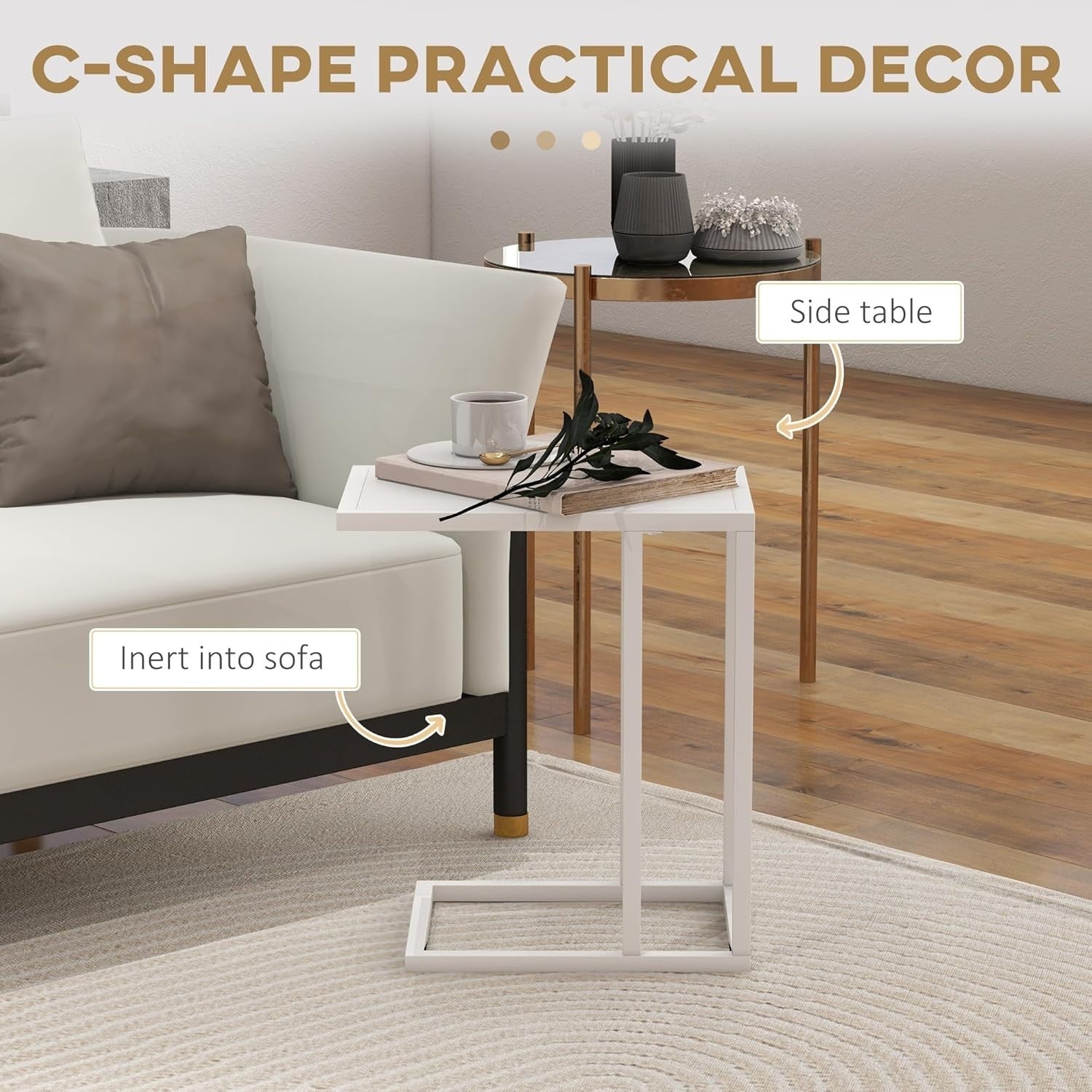 White Wood C Shape Sofa Side Table | Narrow Metal Frame Snack Coffee Table