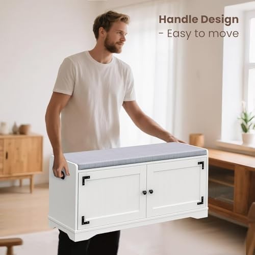 White Shoe Storage Bench with Cushion Seat 2-Door Cabinet Adjustable Shelves