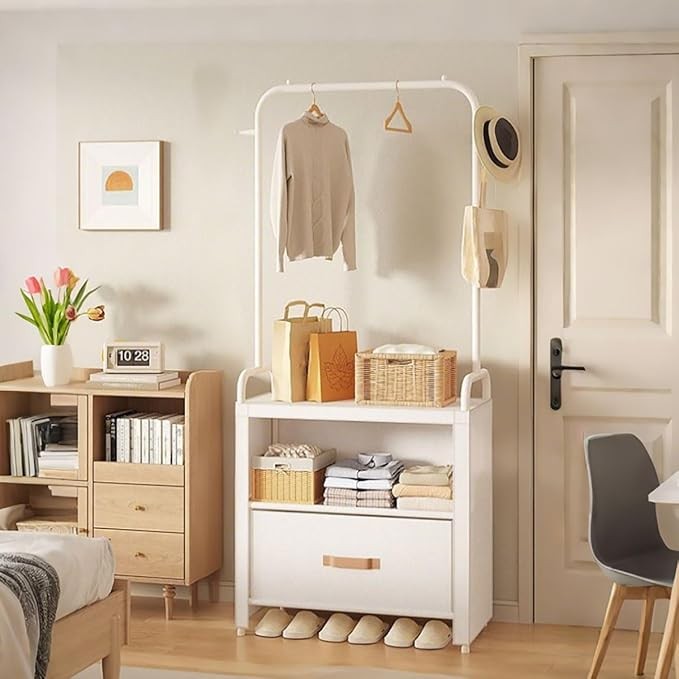 White Freestanding Wardrobe Rack with Drawers & Hooks – Bedroom Storage Cabinet