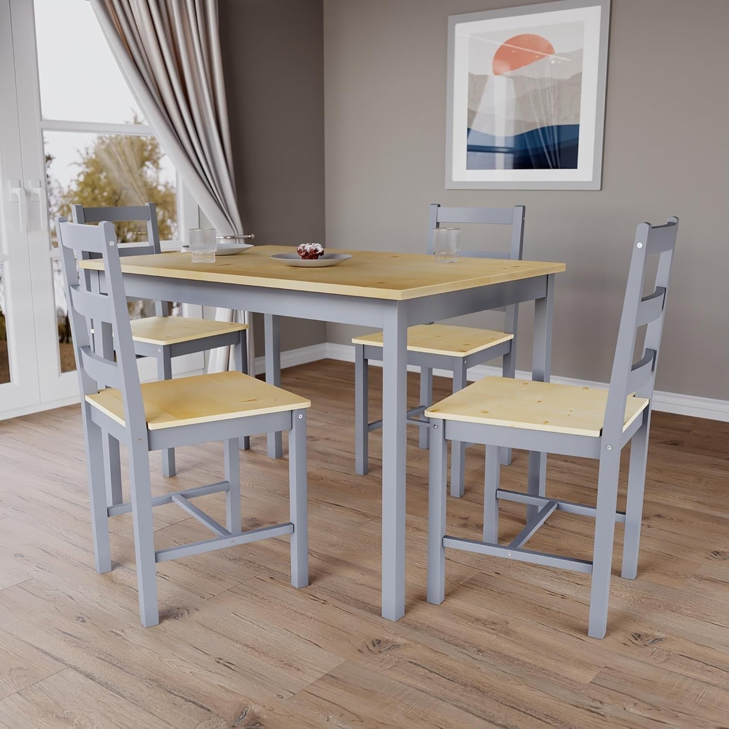 Grey & Pine 4 Seater Dining Table Set | Space Saving Kitchen Table & Chairs
