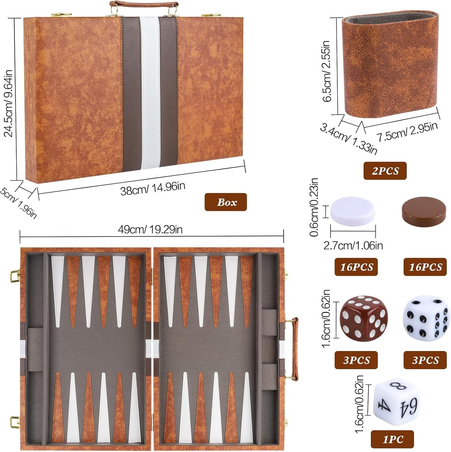 15 Inch Backgammon Set Leather Case Folding Board Portable Travel Game