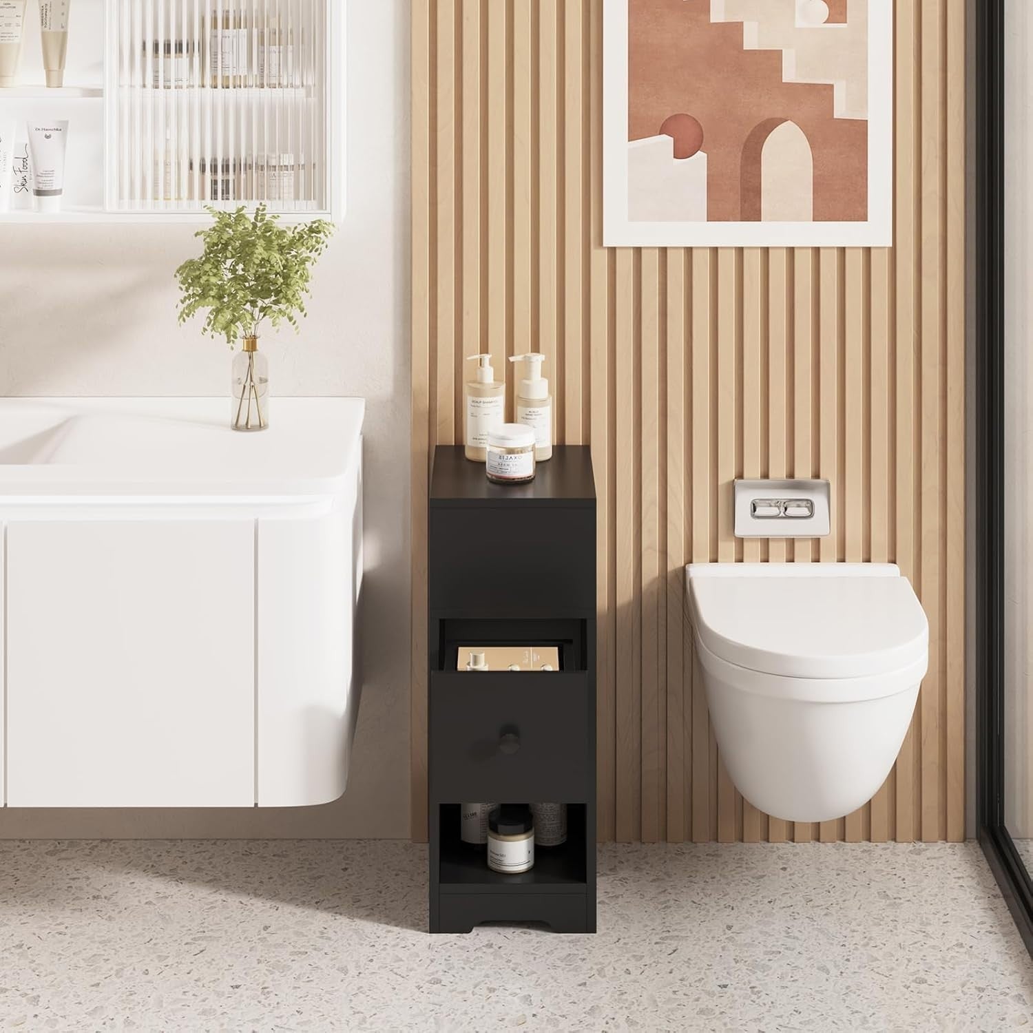 Set of 2 Slim Black Bedside Tables with Drawer & Shelves | Modern