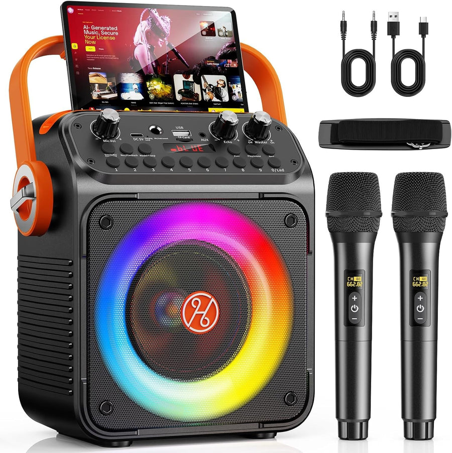 Bluetooth Karaoke Machine 2 Mics PA Speaker LED Lights REC
