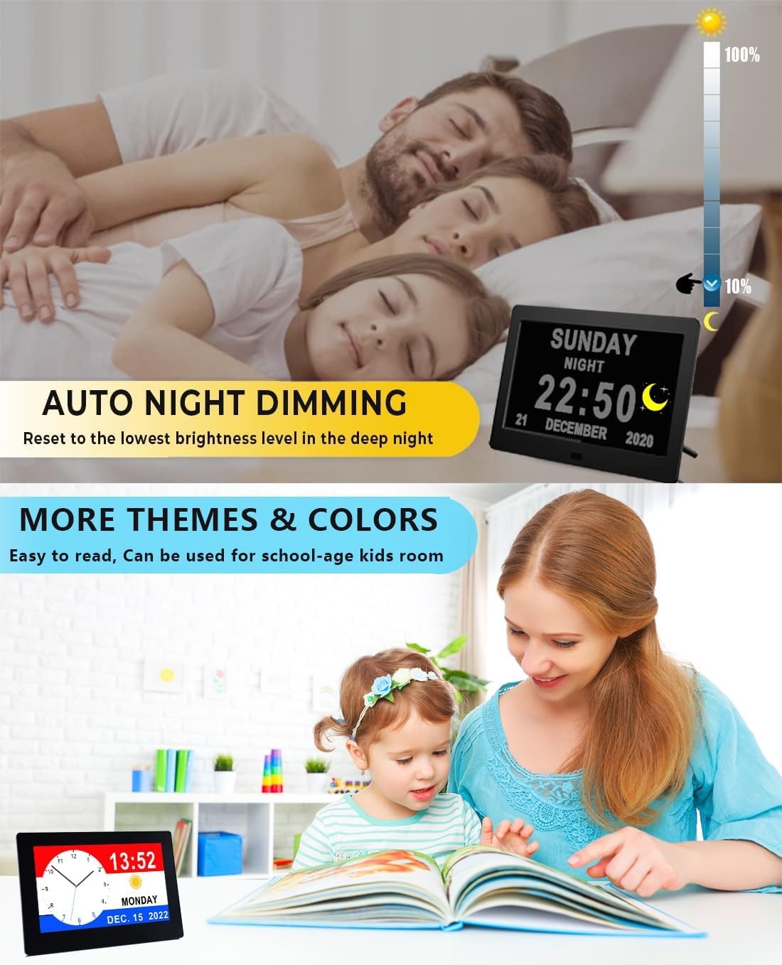 Large Dementia Day Clock 7-Inch Auto DST Remote Control Black