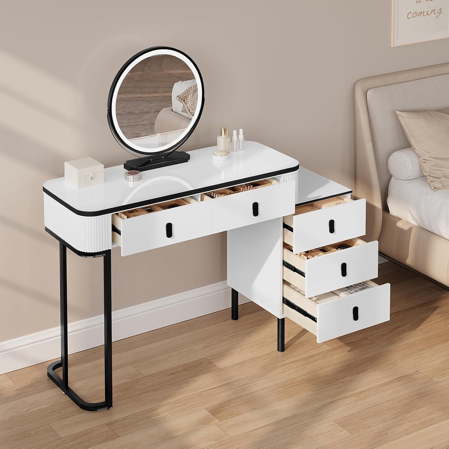 Dressing Table Stool Mirror Light Vanity Set White Makeup Desk Storage Drawers