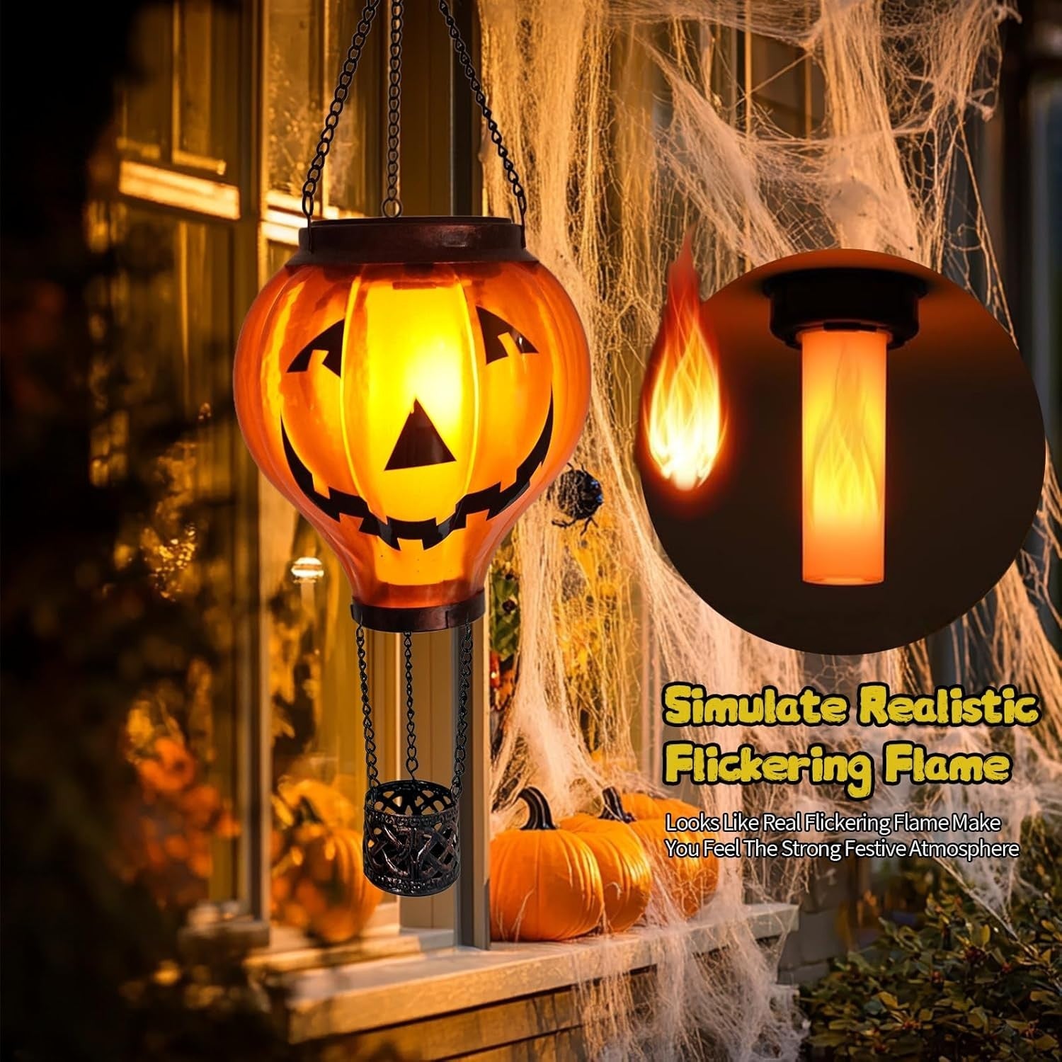 Halloween Pumpkin Hot Air Balloon Solar Lantern LED Flicker Light Outdoor Decor