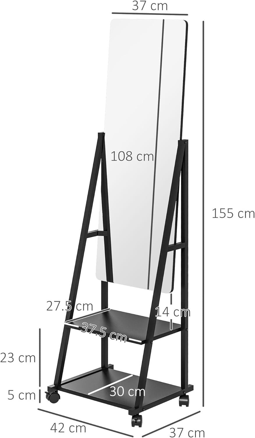 Full Length Adjustable Mirror on Wheels with Storage Shelves, 155cm