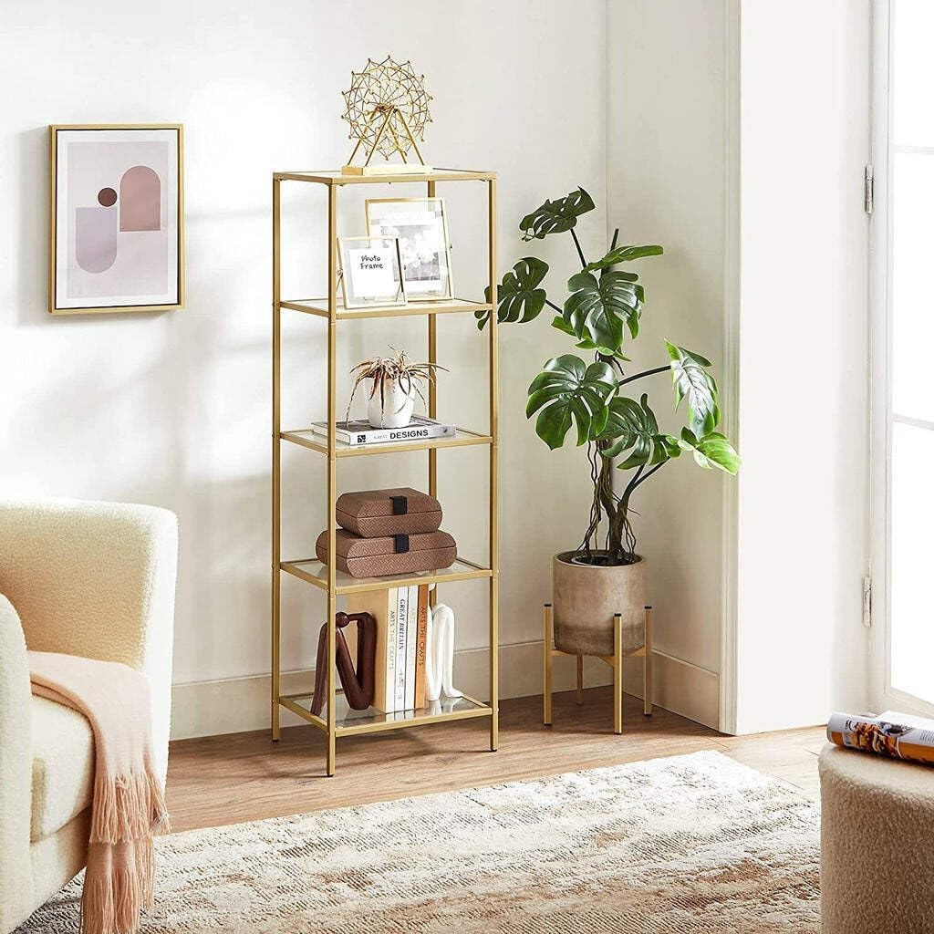 Tall 5-Tier Gold Glass Shelf Unit | Modern Display Rack Storage for Home Office