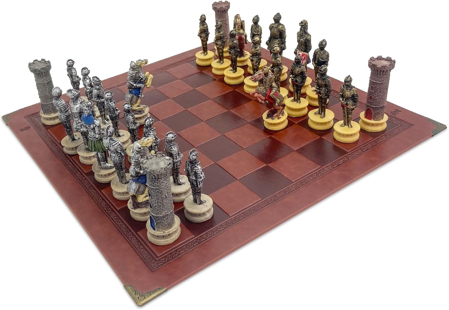 Handmade Medieval Knights Chess Set Resin Pieces on Luxury Board