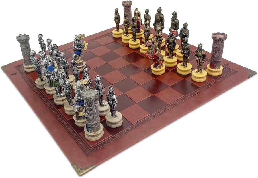 Handmade Medieval Knights Chess Set Resin Pieces on Luxury Board