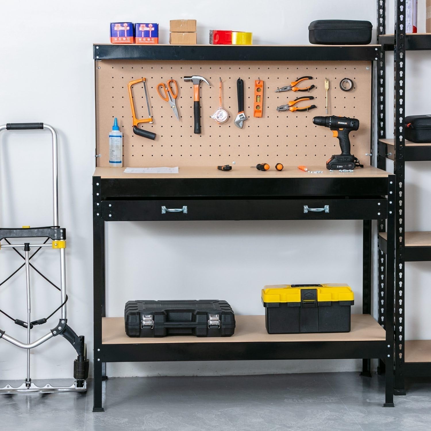 Black Steel Garage Workbench Tool Station w/ Drawer Pegboard Shelf DIY Setup