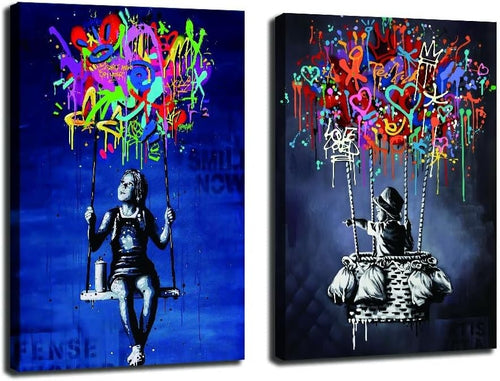 Framed Banksy Street Graffiti Wall Art – Colorful Modern Canvas Print Large