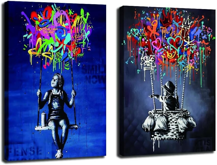 Framed Banksy Street Graffiti Wall Art – Colorful Modern Canvas Print Large