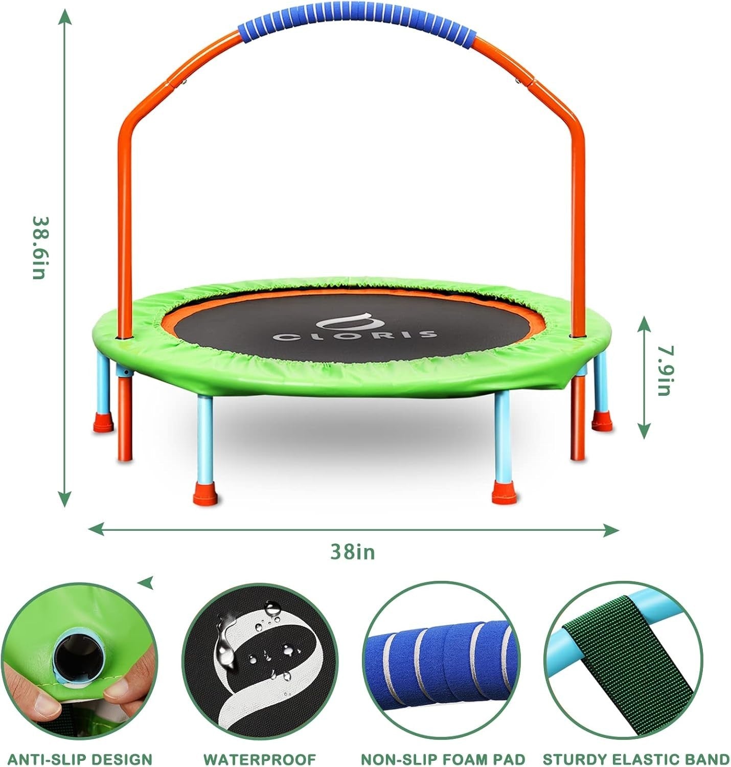 38in Foldable Fitness Trampoline Adjustable Handle Quiet Rebounder 220lb