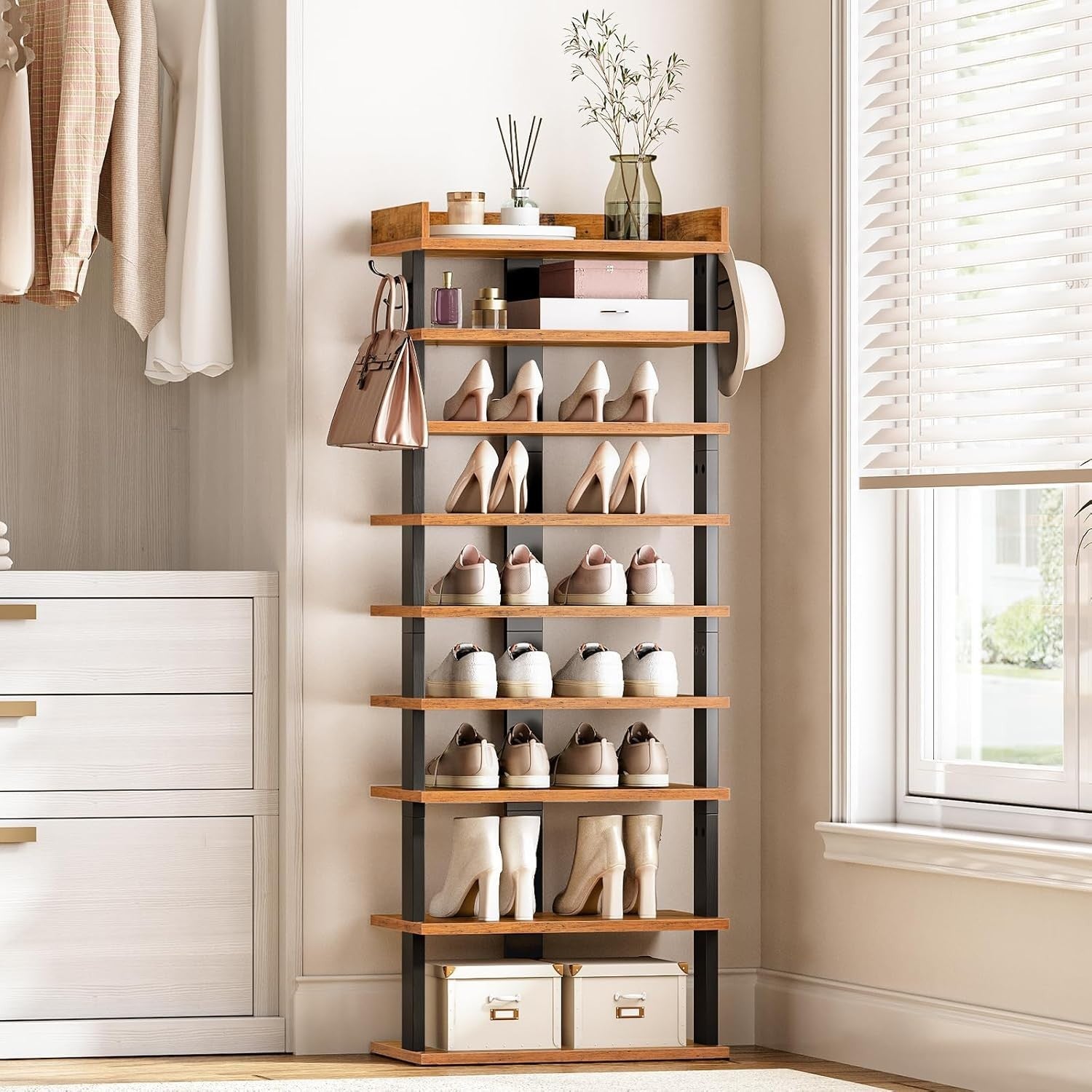 9-Tier Tall Slim Shoe Rack – Rustic Vertical Organizer for Small Spaces