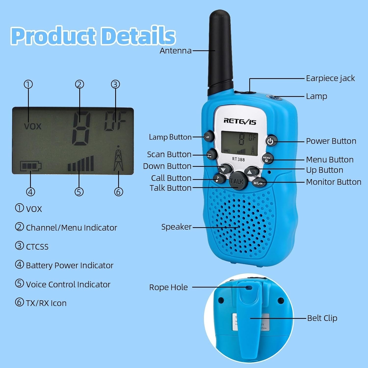 Kids Walkie Talkies 1 Pair VOX Flashlight 8 Channel Outdoor Toy Gift