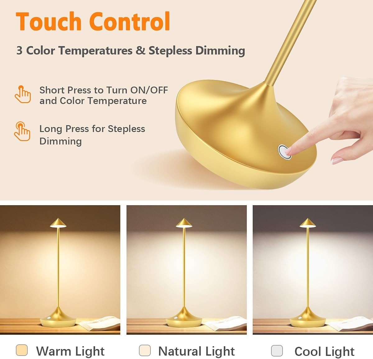 Rechargeable Cordless LED Table Lamps 2pcs Gold, Dimmable, Portable